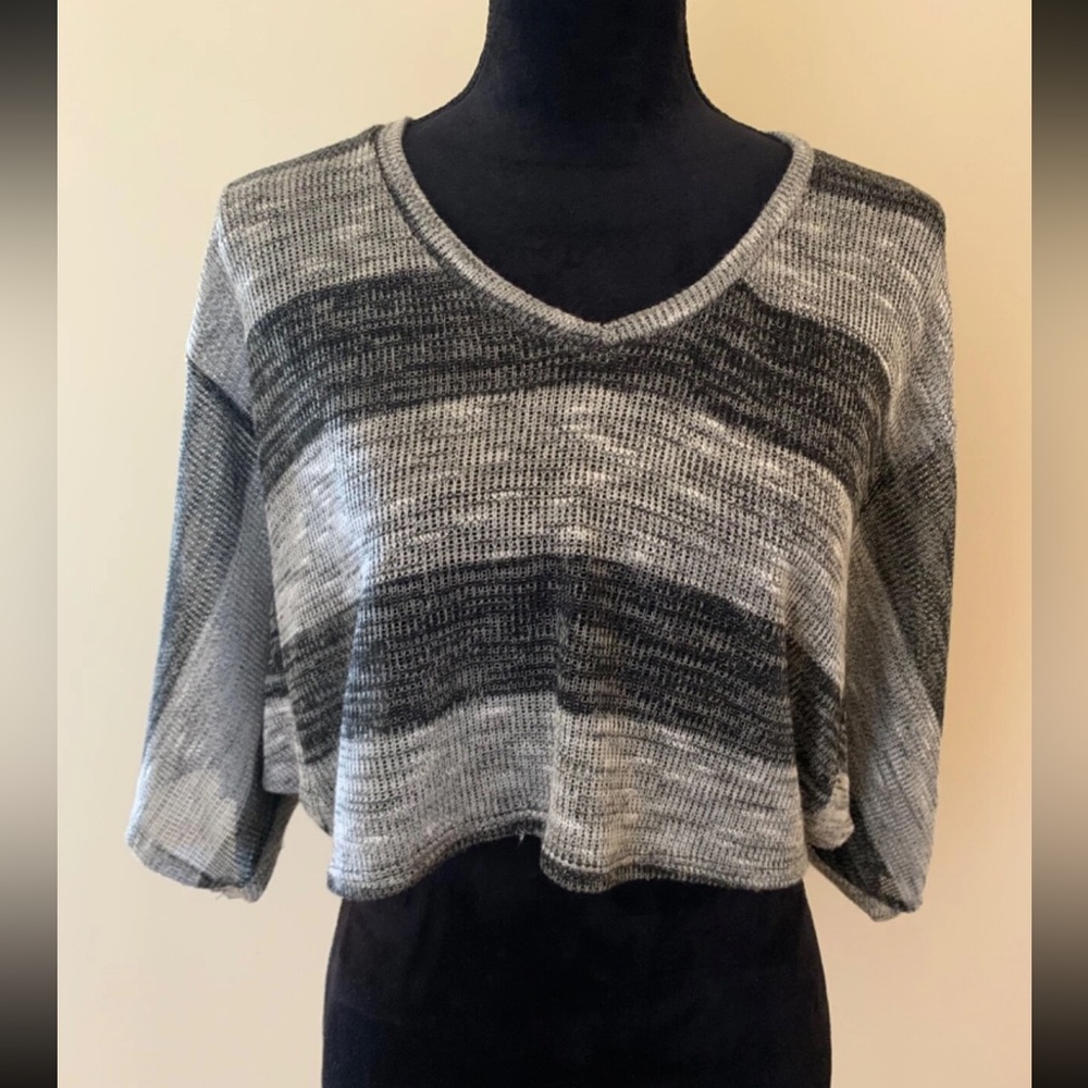 Gibson Womens Juniors Kimono Sleeve Sheer Knit Gray Blouse Crop Top Tunic Sz L